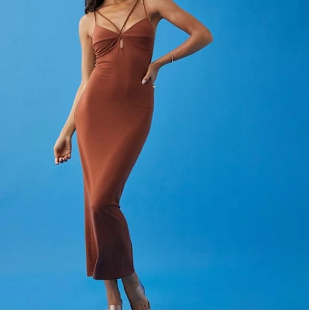 Brown Strappy Midi Dress - Women's Sleek Slip Dress